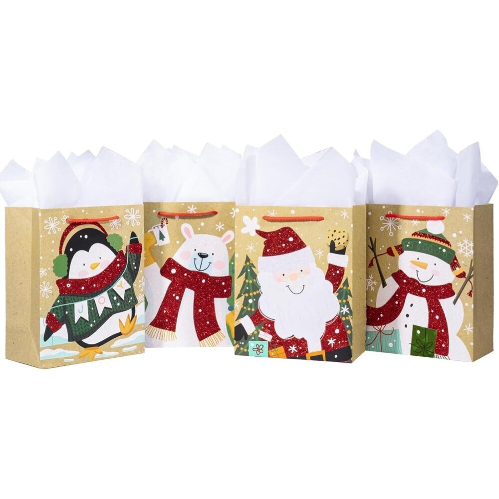Christmas Gift Bags Set, Glitter Foil Santa, Penguin, Snowman & Polar Bear Desig